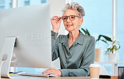 Buy stock photo Computer email, reading and business woman networking, working reception and corporate research on the internet. Company receptionist, online planning and senior worker typing information on a pc