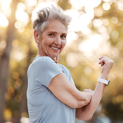 Buy stock photo Training, stretching and senior woman in nature for fitness, running and summer workout in Portugal. Health exercise, sports motivation and portrait of an elderly woman with warm up smile in a park