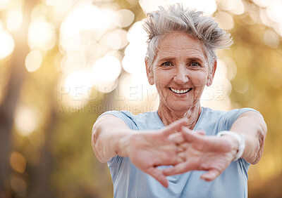 Buy stock photo Happy, fitness or old woman stretching arms in nature for body wellness, training or outdoor exercise in Australia. Smile, portrait or elderly sports person exercising in warm up in forest in spring