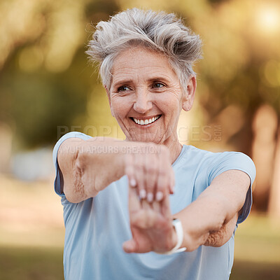 Buy stock photo Happy old woman stretching in nature in fitness training, body exercise or workout for wellness balance. Smile, relaxing or face of healthy senior person exercising in a calm peaceful park in spring 