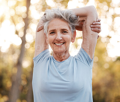 Buy stock photo Portrait, senior woman and stretching for health, wellness with smile outdoor. Retirement, mature female and elderly lady exercise, workout and fitness to relax, energy and healthy for training. 