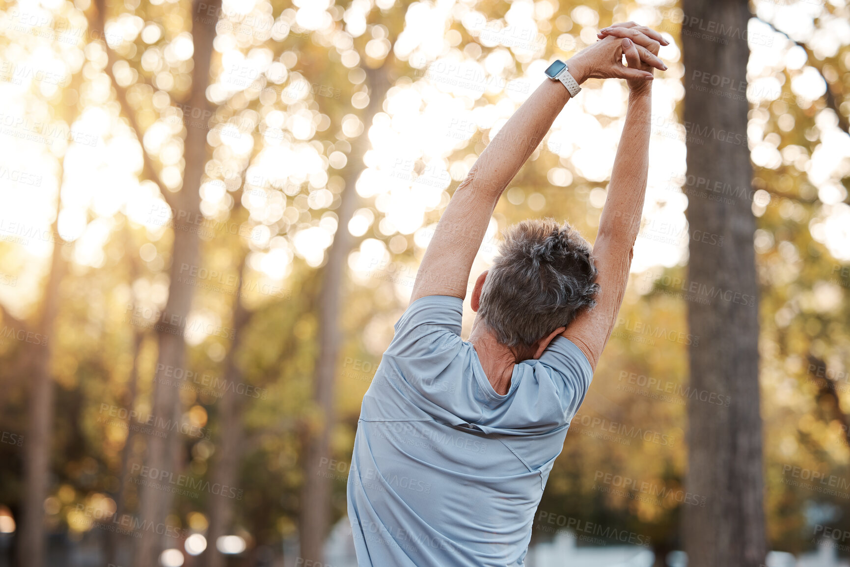 Buy stock photo Stretching, fitness and man in park for muscle and body workout, wellness and health in nature with mental health, calm and peace. Exercise, training and sports athlete warm up for outdoor running