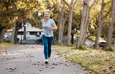 Buy stock photo Fitness, running and health with old woman in park for peace, workout and morning jog. Retirement, relax and jogging with senior runner training in nature for endurance, stamina and sports
