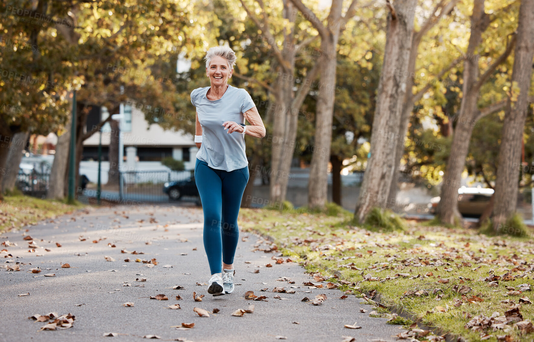 Buy stock photo Fitness, running and health with old woman in park for peace, workout and morning jog. Retirement, relax and jogging with senior runner training in nature for endurance, stamina and sports