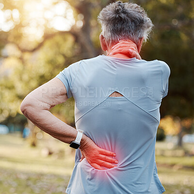 Buy stock photo Senior woman, neck and back pain, red and injury accident from exercise or training on an outdoor park. Fitness, cardio and female with muscle sprain, hurt spine or medical emergency after workout