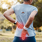 Senior woman with back pain, injury or accident while running at outdoor park for cardio workout. Nature, emergency and elderly female runner with spine inflammation, injured muscle or sprain joint.