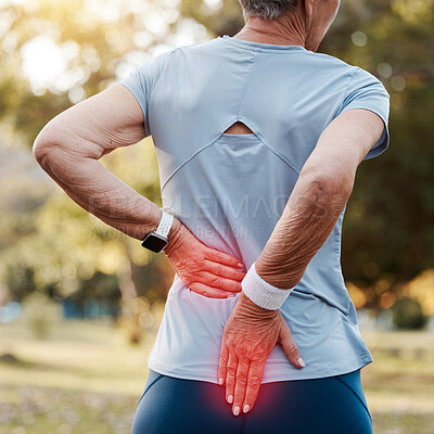Buy stock photo Senior woman with back pain, injury or accident while running at outdoor park for cardio workout. Nature, emergency and elderly female runner with spine inflammation, injured muscle or sprain joint.
