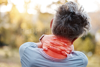 Buy stock photo Woman, neck pain and hands on red injury after exercise, running and cardio workout outdoor with burnout, stress and health problem. Senior person in nature for run with a massage after body accident