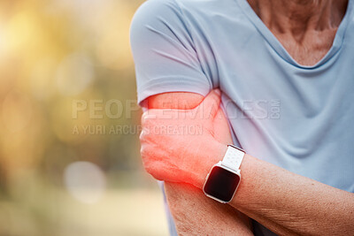 Buy stock photo Man, fitness and arm pain outdoor for exercise workout, medical emergency or accident on cardio run. Runner, shoulder inflammation and athlete injury or orthopedic arthritis with bokeh background