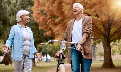 Buy stock photo Elderly, couple and bike in the park for nature walk and exercise outdoor, senior man laugh at funny joke with old woman and eco friendly travel. Walking, cycling bicycle and retirement in New York.