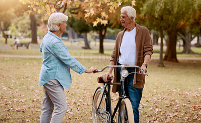 Buy stock photo Bike, senior couple and travel outdoor for wellness, bonding and conversation. Love, retirement and mature man with elderly woman, cycling and loving together for hobby, talking and riding for health