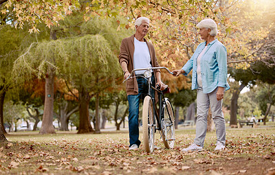Buy stock photo Senior couple, bonding or bicycle learning in countryside nature, public park or garden on love date, experience or opportunity. Retirement elderly, man or woman with bike for relax transport travel