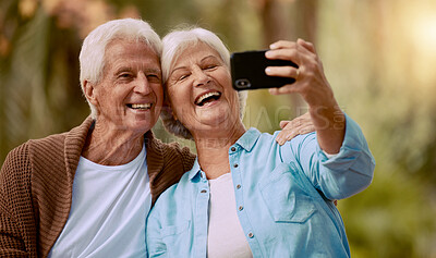 Buy stock photo Senior couple and phone selfie and smile together outdoor during summer, social media and happy in park. Happy, Elderly man and woman take pictures on mobile smartphone for internet post or happiness