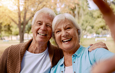 Buy stock photo Love, smile and selfie with old couple in park for bonding, relax and affection together. Retirement, nature and happy with portrait of man and woman in garden for happiness, summer and relationship