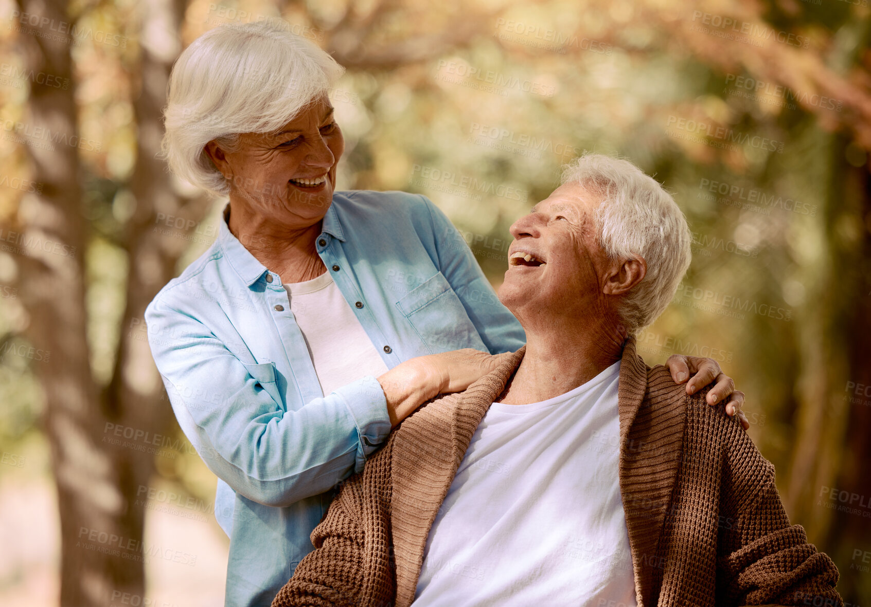 Buy stock photo Laugh, love and senior couple bond in house garden, nature park or home backyard in trust, security or future support. Happy smile, retirement life and elderly man in Germany with woman outdoor 