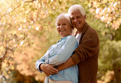 Buy stock photo Love, romance and old couple hug in garden, happy in retirement. Nature, summer and senior man and woman hugging. Marriage, loyalty and a smile, outdoor time for elderly people to relax on weekend.