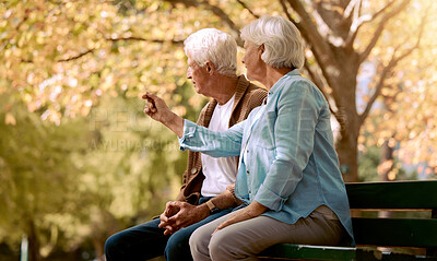 Buy stock photo Park love, communication and senior couple in nature to relax, retirement peace and outdoor conversation. Summer care, content and talking elderly man and woman on a bench in Portugal in spring