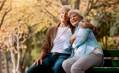 Buy stock photo Senior couple, park bench and happy while sitting together in retirement for freedom, peace and calm with a smile and happiness in nature. Old man and woman outdoor to relax while on vacation