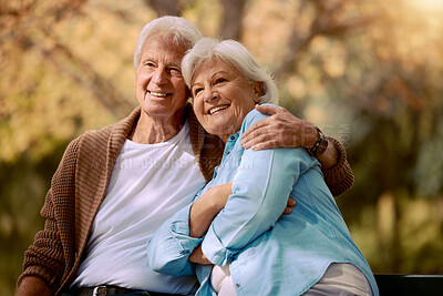 Buy stock photo Elderly, couple hug in the park with love and happy in retirement, outdoor in nature, calm and peace with view. Senior man with woman, smile and support, embrace and bonding in Boston public garden.