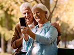 Senior couple, phone selfie and happy smile, love and relax in outdoor park, summer and social media picture on bench. Elderly man, woman or mobile smartphone, photo and happiness together in nature 