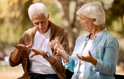 Buy stock photo Senior couple, love and hands in sign language communication in nature, public park or garden. Retirement elderly, gesture or deaf disability in bonding date for man and woman in support conversation