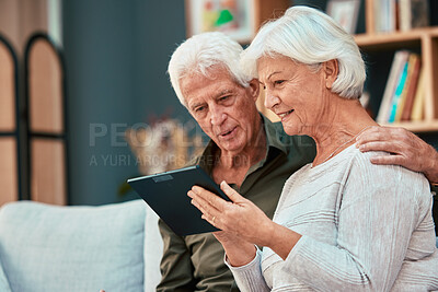 Buy stock photo Old, couple and tablet with elderly people browsing online, searching social media for content while bonding. Connection, digital device and internet with retired man and woman scrolling media 