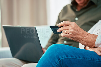 Buy stock photo Laptop, credit card and finance with old couple on sofa for online shopping, payment and investment. Fintech, password and safety with man and woman customer at home for banking, website and savings