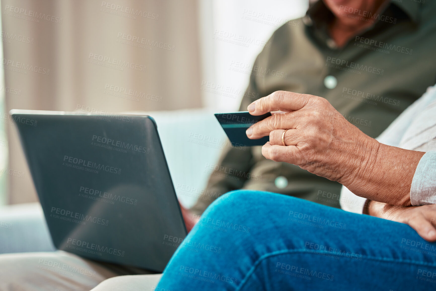 Buy stock photo Laptop, credit card and finance with old couple on sofa for online shopping, payment and investment. Fintech, password and safety with man and woman customer at home for banking, website and savings