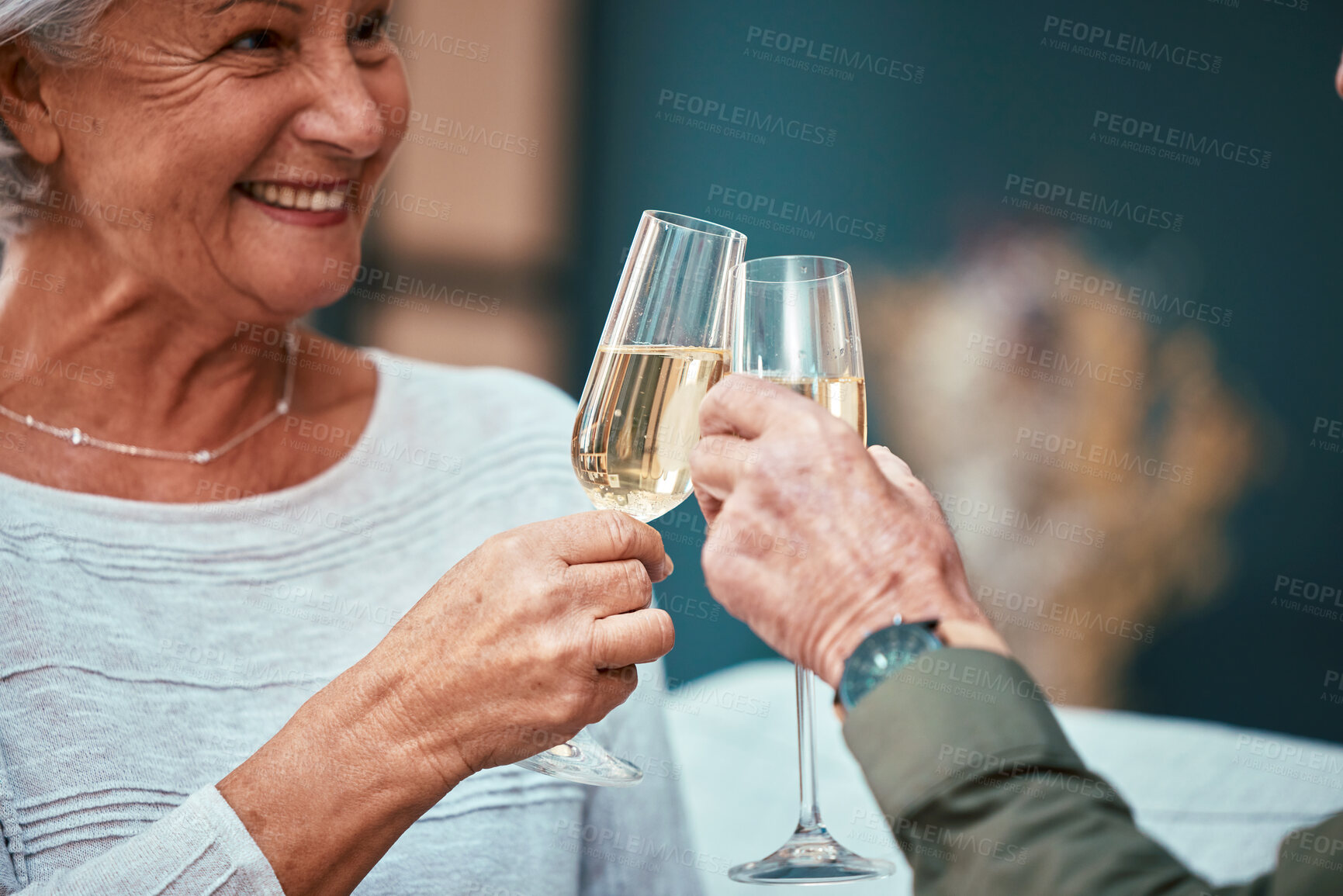 Buy stock photo Senior couple, champagne and toast at restaurant, having fun and bonding. Love, cheers and retired man and woman with glass of wine for celebration, anniversary or birthday and enjoying time together