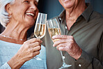 Champagne, love and senior couple toast for marriage anniversary date, partnership or retirement health. Romance, glass alcohol drinks and elderly people smile, bond and cheers at celebration event