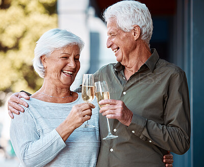 Buy stock photo Senior couple, celebration and toast with champagne for anniversary, love and date outdoor with happy smile. Elderly man, woman and toast with alcohol drink, happiness and enjoy marriage relationship