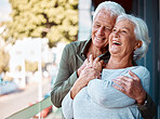 Senior man embracing his wife with love, happiness and care in the backyard of their home in Canada. Happy, smile and elderly couple hugging, laughing and bonding in outdoor garden at their house.