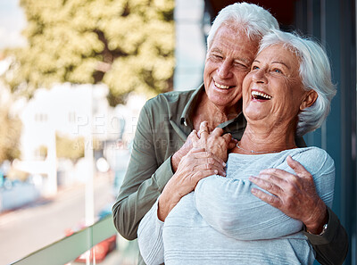 Buy stock photo Senior man embracing his wife with love, happiness and care in the backyard of their home in Canada. Happy, smile and elderly couple hugging, laughing and bonding in outdoor garden at their house.