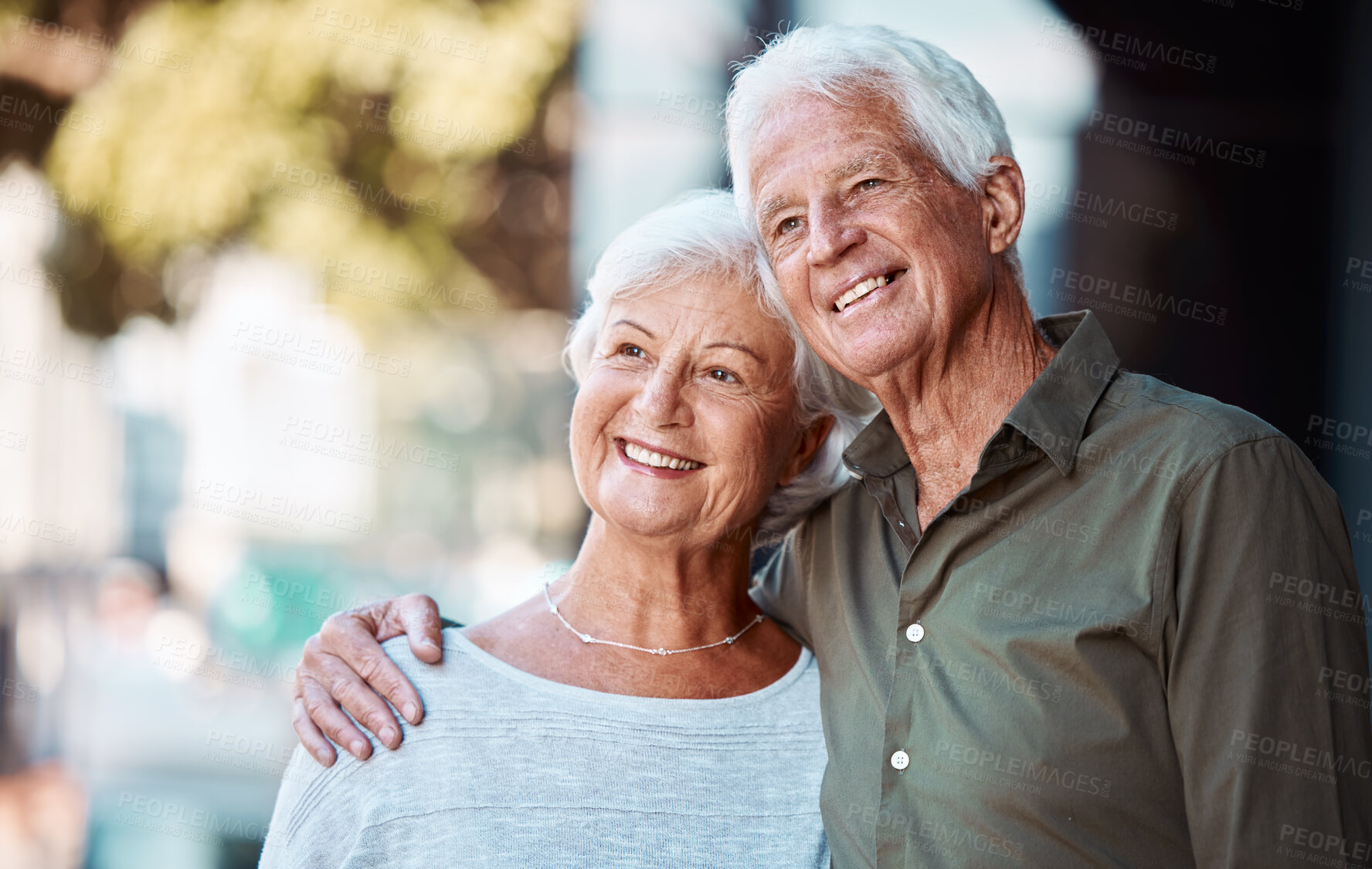 Buy stock photo Senior couple, enjoy view and hug at home while enjoying retirement in summer with love. Loving, caring mature man and woman in retirement home with a romantic embrace  outdoors in happy marriage