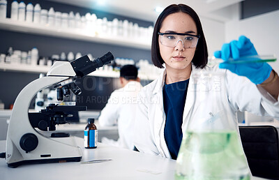 Buy stock photo Lab, medical science and asian woman with beaker for chemistry experiment, research innovation and engineering scientist. Scientist, biology analysis and expert working with chemicals in laboratory