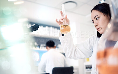 Buy stock photo Science, research and woman with liquid in test tube for analysis, medical testing and analytics in lab. Biotechnology, healthcare and female scientist with medicine, sample and vaccine in glass vial