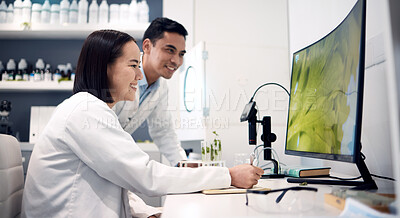 Buy stock photo Computer, plant and science with a team planning a botanist experiment and reviewing research. Data, pc and botany expert colleagues in laboratory with ecology study for climate change idea