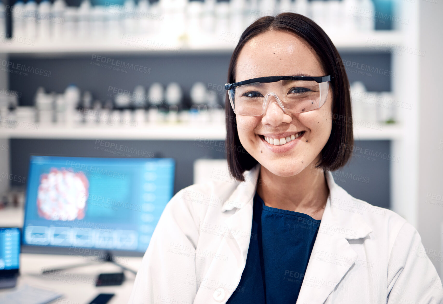 Buy stock photo Pharmaceutical, asian and science woman in portrait with technology innovation, research vision and expert knowledge in laboratory. Computer screen, scientist and chemistry medical worker in lab gear