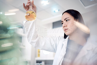 Buy stock photo Scientist, medical research and thinking while holding chemical in beaker for analytics, solution and virus test in science laboratory. Asian woman doctor with medicine for healthcare and chemistry