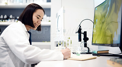 Buy stock photo Scientist, planning and asian woman working in lab for research innovation, writing results or science analytics at desk. Laboratory, forensic biology and happy medical physician write report notes