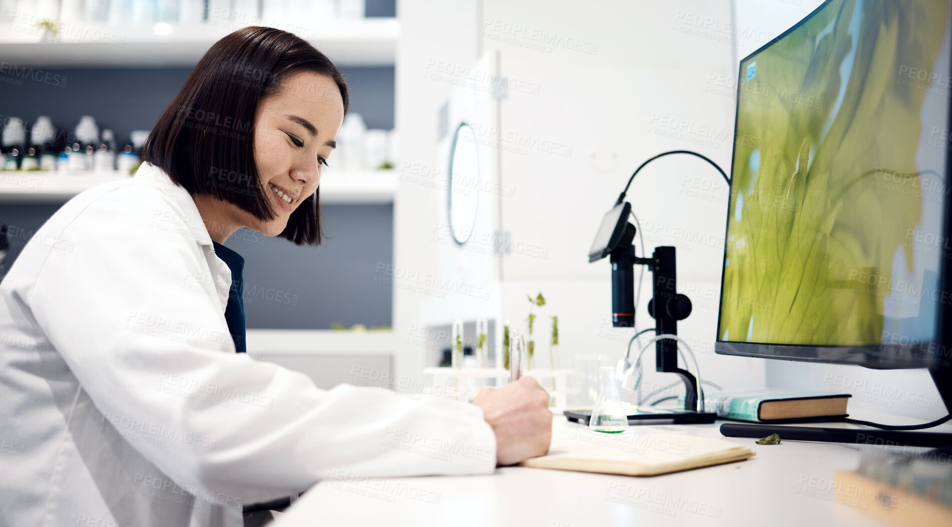 Buy stock photo Scientist, planning and asian woman working in lab for research innovation, writing results or science analytics at desk. Laboratory, forensic biology and happy medical physician write report notes