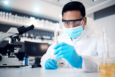 Buy stock photo Scientist, research and man work in lab for science innovation in chemistry or physics, microscope and test tube for scientific experiment. Face mask, safety with chemical liquid and results analysis