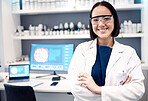Portrait, laboratory and Asian woman crossed arms, research and scientific methods for healthcare or cure. Computer, female researcher or medical professional for innovation, lab equipment and expert