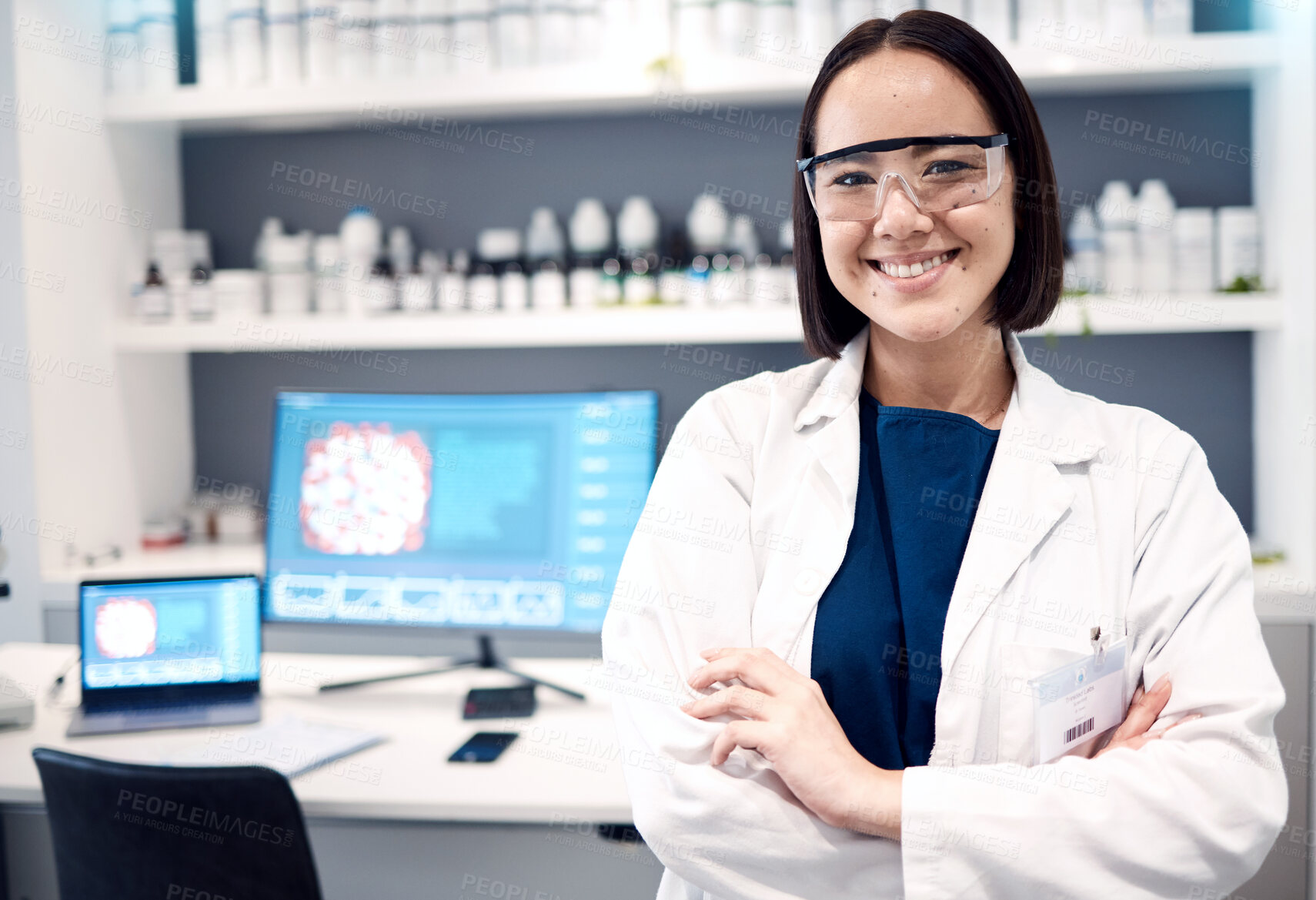 Buy stock photo Portrait, laboratory and Asian woman crossed arms, research and scientific methods for healthcare or cure. Computer, female researcher or medical professional for innovation, lab equipment and expert