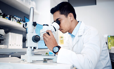 Buy stock photo Microbiology, research and scientist with microscope for bacteria in a lab, studying particles and science atom. Healthcare, innovation and worker with technology for medicine, atom data and test