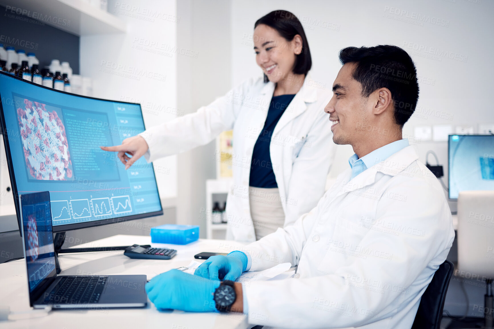 Buy stock photo Leadership, doctor and teamwork planning on laptop or conversation, discussion and meeting for healthcare staff management. Blood, covid and scientist or research analysis in future dna laboratory
