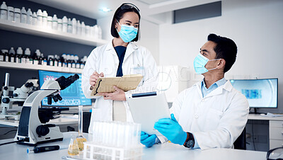 Buy stock photo Science laboratory, team and tablet planning, vaccine research and pharmaceutical development of data analysis, investigation and innovation. Scientists, face mask and working on digital technology