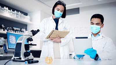 Buy stock photo Tablet, science or doctors with covid research writing feedback, review or results for medical data analysis. Team work, coronavirus or healthcare workers in mask in a laboratory working on vaccine
