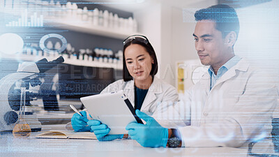 Buy stock photo Science, tablet and people in data research overlay of pharmaceutical, future or software innovation in laboratory team collaboration. Digital graphic, biotechnology expert and data analytics design