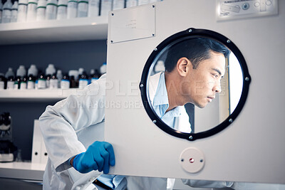 Buy stock photo Scientist, man and science laboratory incubator for research, chemistry experiment and biotechnology. Pharmaceutical innovation, chemical engineer and check health samples for testing in hospital lab